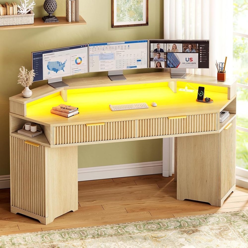 Desk Setup Oak - Set da scrivania doppio, scrivania compatta